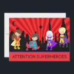 *~* Colorful SUPERHEROS Bold Kids Birthday Party Kaart<br><div class="desc">*** COLORFUL BOLD SUPERHEROES Cute Fun Whimsical BIRTHDAY PARTY INVITATION. De kleine kunnen zich verkleden als hun superfavoriete SUPERHERO. Er zijn vier Superheros tegen een SKYLINE CITYSCAPE. De hemel is een oogstrelende RODE BRANDSTOF met ZWARTE STADSGEBOUWEN. Dit is een genderneutrale uitnodiging voor verjaardagsfeestjes. ZEKER OM HET GENDER tussen zijn of...</div>