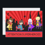 *~* Colorful SUPERHEROS Bold Kids Birthday Party Kaart<br><div class="desc">*** COLORFUL BOLD SUPERHEROES Cute Fun Whimsical BIRTHDAY PARTY INVITATION. De kleine kunnen zich verkleden als hun superfavoriete SUPERHERO. Er zijn vier Superheros tegen een SKYLINE CITYSCAPE. De hemel is een oogstrelende RODE BRANDSTOF met ZWARTE STADSGEBOUWEN. Dit is een genderneutrale uitnodiging voor verjaardagsfeestjes. ZEKER OM HET GENDER tussen zijn of...</div>
