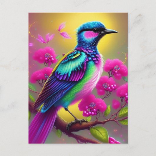 Colorful Surreal Bird Pink Flowers Briefkaart (Voorkant)