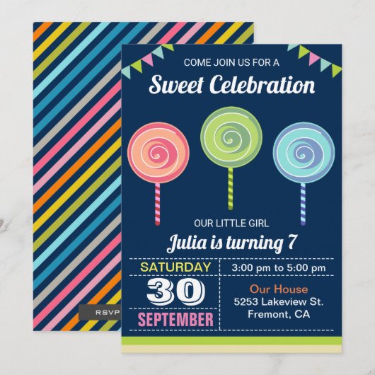 Colorful Sweet Lollipops Birthday Party Invitation Kaart (Voorkant / Achterkant)