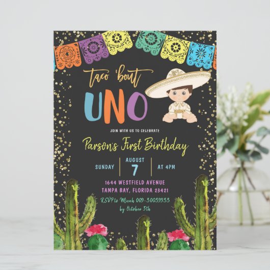 Colorful Taco Bout Uno Birthday Uitnodiging (Staand voorkant)