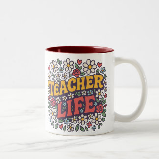 Colorful Teacher Life Mug – Retro Floral Design fo Tweekleurige Koffiemok