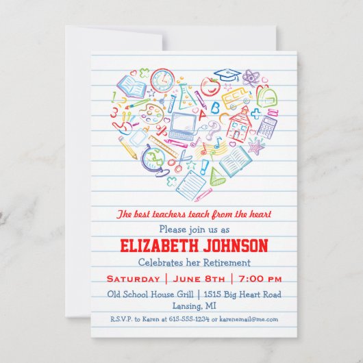 Colorful Teachers Heart Retirement Party Invite Kaart (Voorkant)