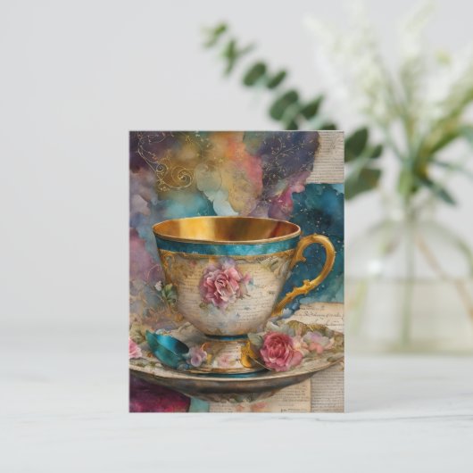 Colorful Teacup Collage Mixed Media Fantasy Briefkaart (Staand voorkant)