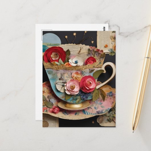 Colorful Teacup Collage Mixed Media Floral Briefkaart (Voorkant / Achterkant in situ)