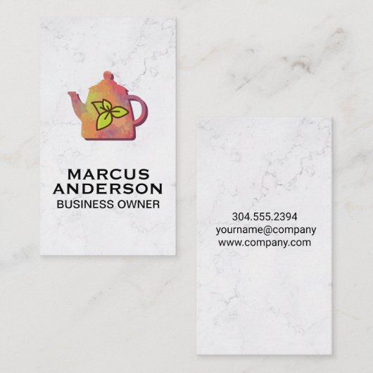 Colorful Teapot | Witte marmer | Groen leder Visitekaartje (Voorkant / Achterkant)