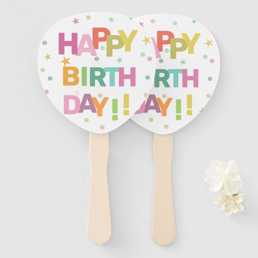 Colorful Text Confetti and Stars Happy Birthday Handwaaier (Voorkant en achterkant)