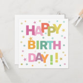 Colorful Text Confetti and Stars Happy Birthday Kaart (Voorkant / Achterkant in situ)