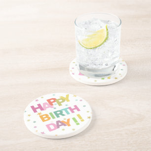 Colorful Text Confetti and Stars Happy Birthday Zandsteen Onderzetter