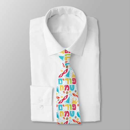 Colorful Tie with Hebrew "Happy Purim" Text Stropdas (Gebonden)