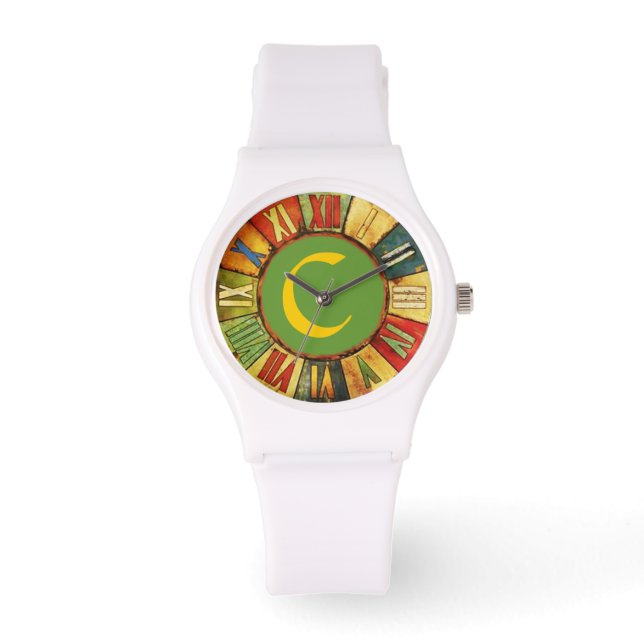 COLORFUL TIME GREEN GEEL MONOGRAM HORLOGE (Voorkant)