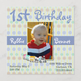 Colorful Train First Birthday Invitation Kaart