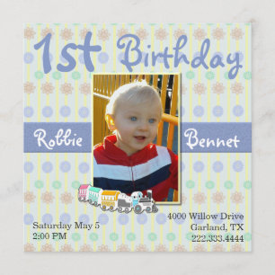 Colorful Train First Birthday Invitation Kaart