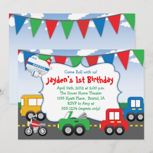 Colorful Transportation Thema Invitation Kaart (Voorkant / Achterkant)