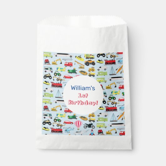Colorful Transportation & Vehicles Kinder Name Bedankzakje (Voorkant)