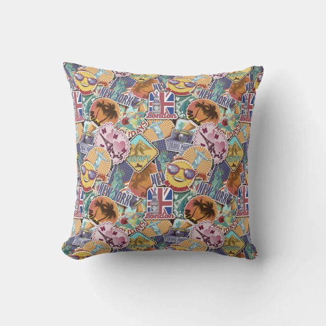 Colorful Travel Sticker Patroon Kussen (Voorkant)