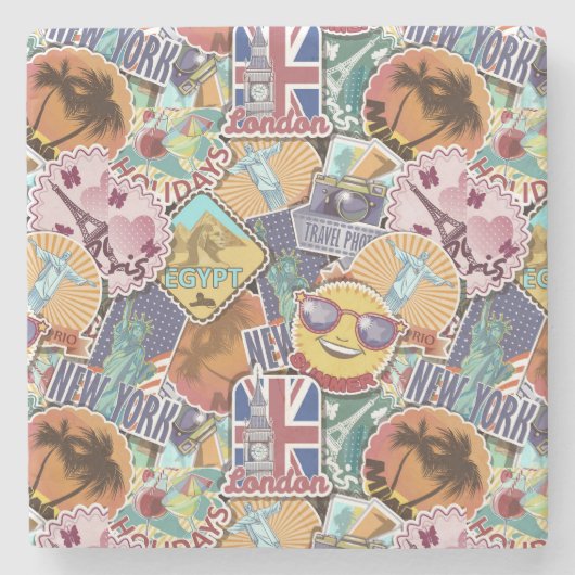 Colorful Travel Sticker Patroon Stenen Onderzetter (Voorkant)