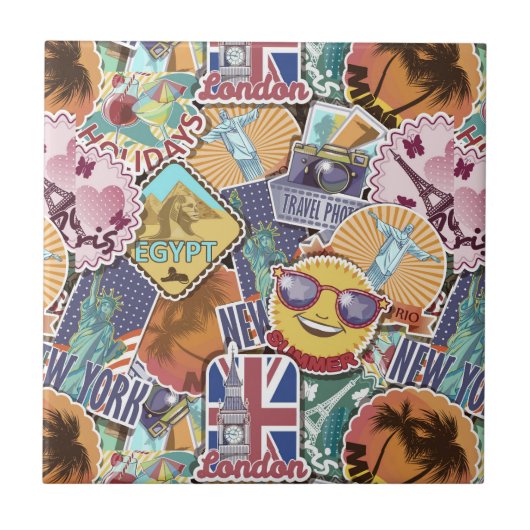 Colorful Travel Sticker Patroon Tegeltje (Voorkant)