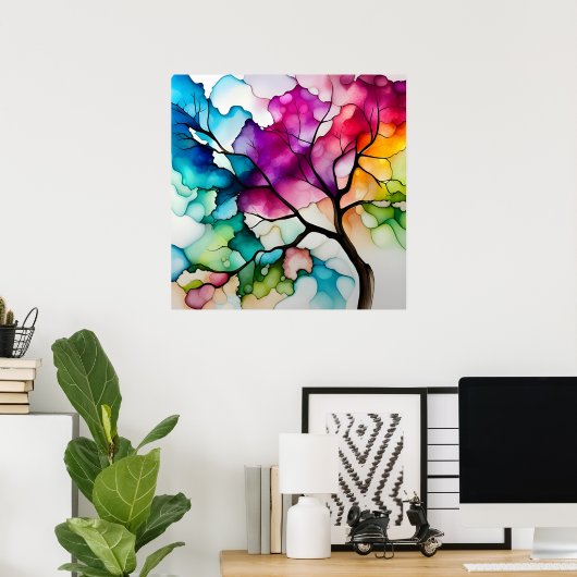 Colorful Tree Alcohol Ink Abstract Poster (Thuiskantoor)
