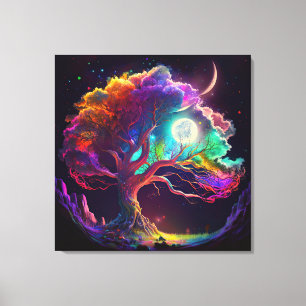 Colorful Tree of Life Moon Galaxy Fantasy Canvas Afdruk