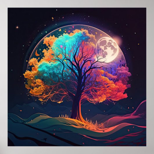 Colorful Tree of Life Moon Galaxy Fantasy Poster (Voorkant)