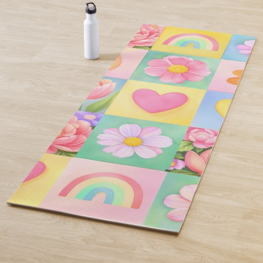 Colorful Trendy Floral Checkerboard Pattern Yogamat (In situ)
