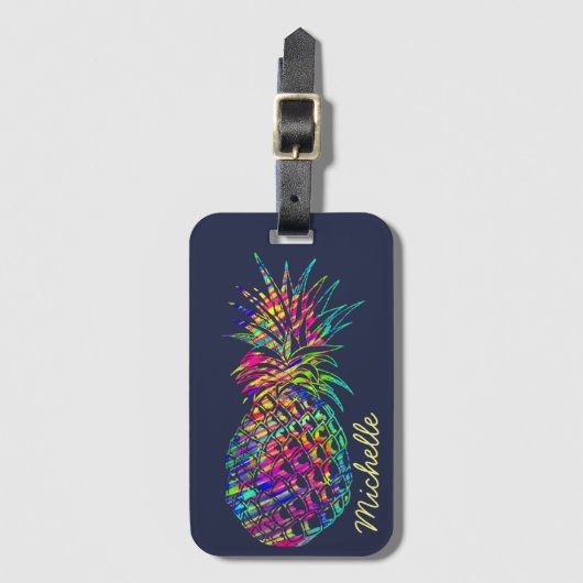 Colorful Trendy Tropical Pineapple Personalized Bagagelabel (Voorkant (verticaal))