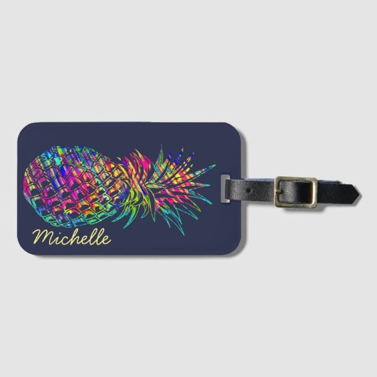 Colorful Trendy Tropical Pineapple Personalized Bagagelabel (Voorkant (horizontaal))