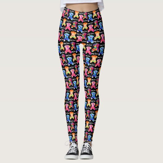 Colorful Triangle Pattern Pug Silhouette Pug Love Leggings (Voorkant)