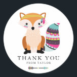 Colorful Tribal Fox Kids Birthday Hartelijk dank Ronde Sticker<br><div class="desc">Wat een avontuur! Geef bedankt met deze leuke en kleurrijke dankjewel sticker. Het heeft een schattige en kleurrijke vos met tribale accenten. Dit bos is dankzij je sticker volledig aanpasbaar. Ideaal voor verjaardagsfeestjes en -baby showers. .</div>