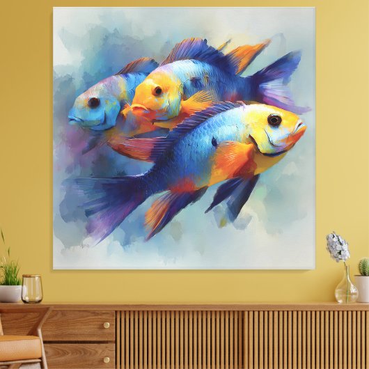 Colorful Tropical Fish Triptych Canvas Wall Art (Insitu (Woonkamer))