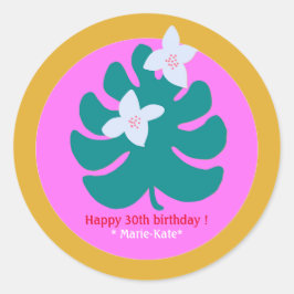 Colorful tropical floral modern name pink ronde sticker