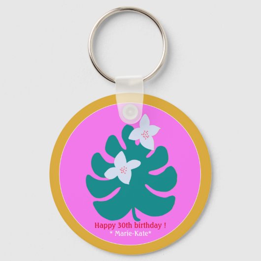 Colorful tropical floral modern name pink sleutelhanger (Voorkant)