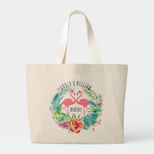 Colorful Tropical Floral Wreath & Flamingos Grote Tote Bag