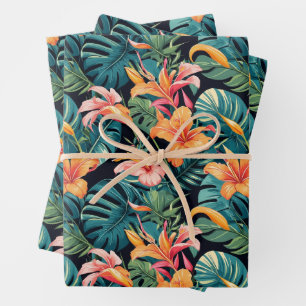 Colorful Tropical Flowers and Leaves Inpakpapier Vel