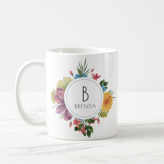 Colorful Tropical Flowers Bouquet Monogram Koffiemok (Links)