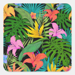Colorful Tropical Flowers laat patroonstickers ach Vierkante Sticker