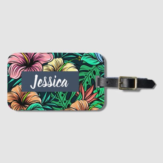 Colorful Tropical Flowers Modern Personalized Bagagelabel (Voorkant (horizontaal))