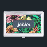 Colorful Tropical Flowers Modern Personalized Visitekaarthouder<br><div class="desc">Kleurrijk tropisch bloemen patroon met moderne personalisatie.</div>