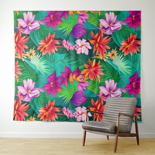 Colorful Tropical Flowers Patroon Wandkleed (In Situ (horizontaal))
