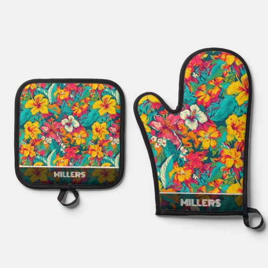 Colorful Tropical Flowers Pattern Ovenwant & Pannenlap Set (Voorkant)