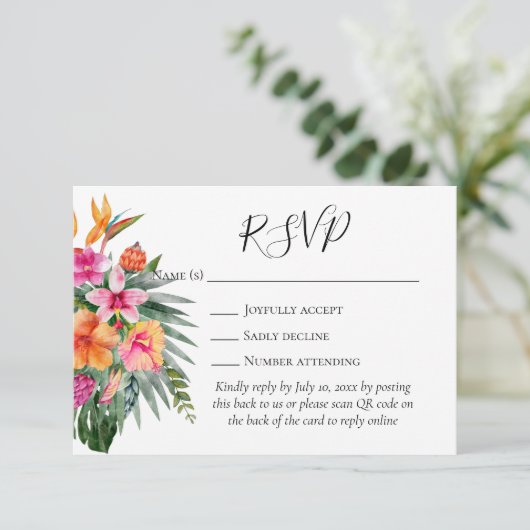 Colorful Tropical Flowers QR Code Weddenschap RSVP (Staand voorkant)