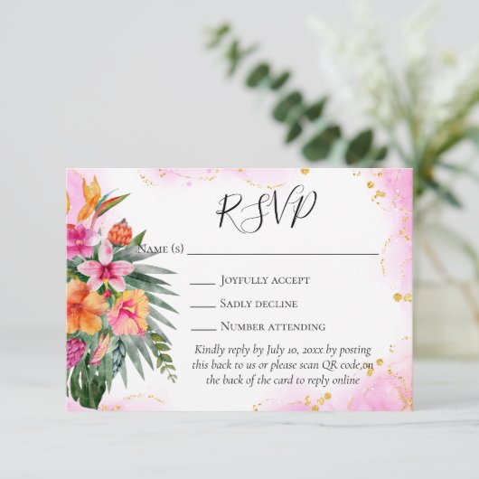 Colorful Tropical Flowers QR Code Weddenschap RSVP (Staand voorkant)