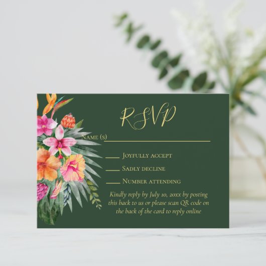Colorful Tropical Flowers QR Code Weddenschap RSVP (Staand voorkant)