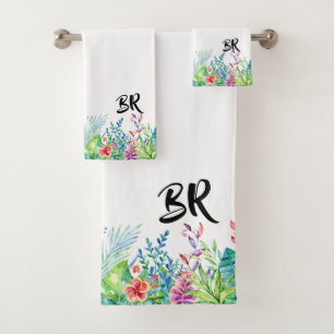 Colorful Tropical Flowers & Typography Monogram Bad Handdoek
