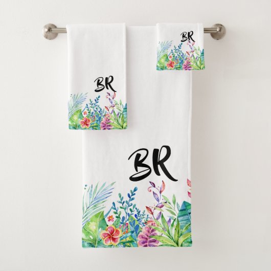 Colorful Tropical Flowers & Typography Monogram Bad Handdoek (Insitu)