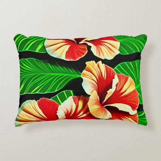 Colorful Tropical Leaves en Hibiscus Flowers | Accent Kussen (Voorkant)