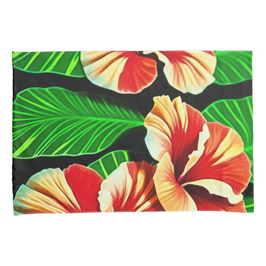 Colorful Tropical Leaves en Hibiscus Flowers | Kussensloop (Voorkant-Rechts)