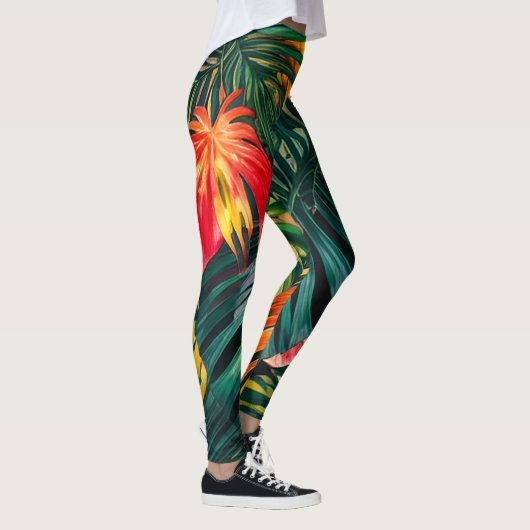 Colorful Tropical Leaves en Hibiscus Flowers | Leggings (Rechts)