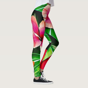 Colorful Tropical Leaves en Hibiscus Flowers Leggings
